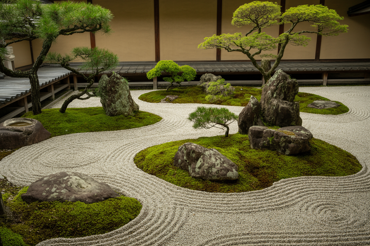 Zen garden with raked gravel