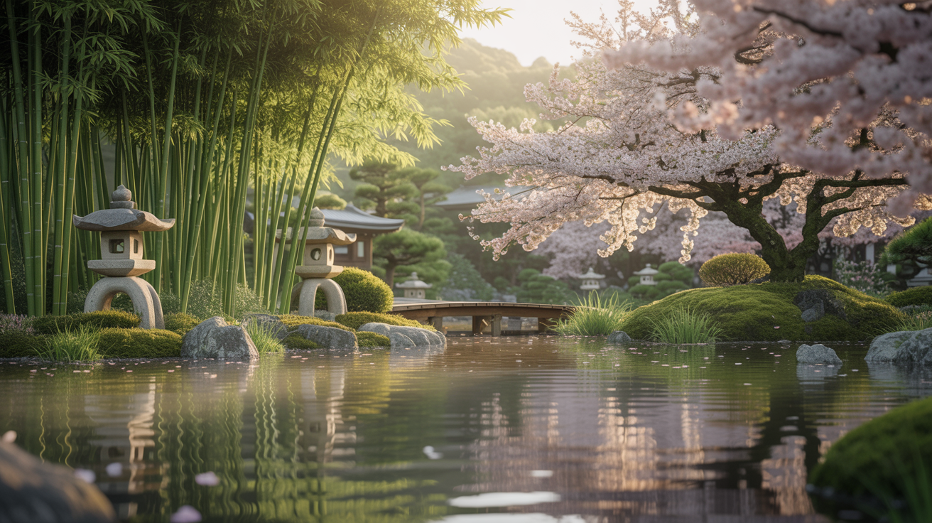 Zen garden with peaceful pond